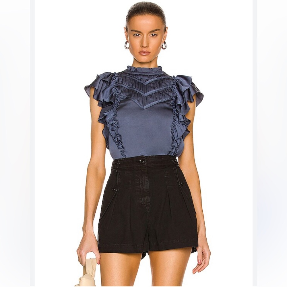 Veronica Beard Mandell Satin Pleated Yoke Ruffled Dark Slate Top Size 0